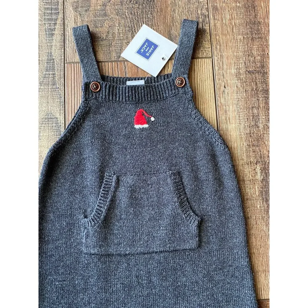 NWT JANIE AND JACK Christmas Santa Hat Sweater Overalls Jumper 0-3 Mo. Gray